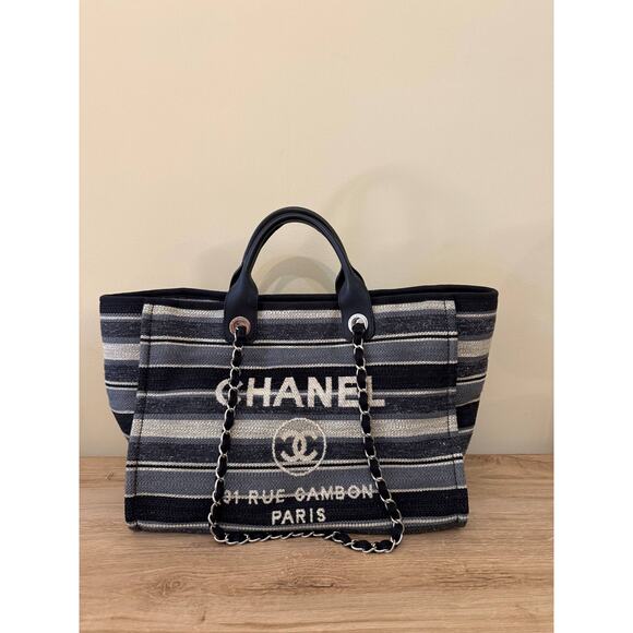 Chanel Deauville Striped Cloth Large Tote Bag - Picture 1 of 16